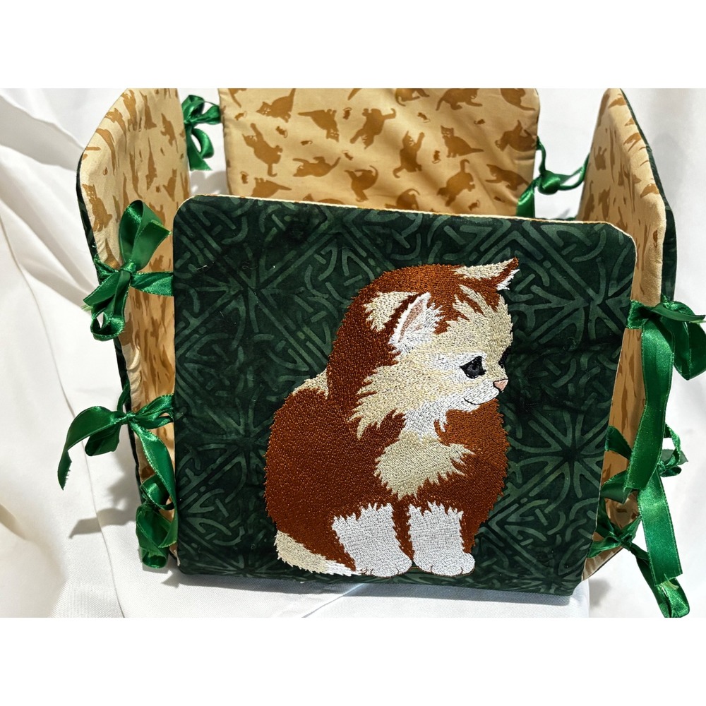 Handmade Embroidered Calico Tabby Kitten Cats Fabric Spoiled Toy Basket Ties 9x9